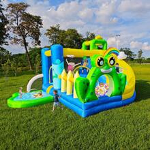 Castillo hinchable para uso en interior y exterior, equipado con tobogán, piscina de bolas y rocódromo, así como un muñeco hinchable de gorila con soplador de aire y un castillo hinchable con temática de puente de rana. - Verde - Ver 9