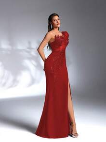 IBTRLY 优雅弹力面料串珠亮片贴花开衩正式晚宴婚礼礼服，情人节 - 紅色 - 查看 6