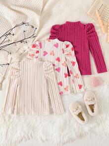 3pcs/Set Young Girls' Cute Heart Print Solid Color Ruffle Bubble Long Sleeve Mock Neck Fleece T-Shirts - Multicolor - View 2