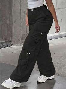 Fashionable Casual Solid Color Straight Leg Cargo Pants - Black - View 4