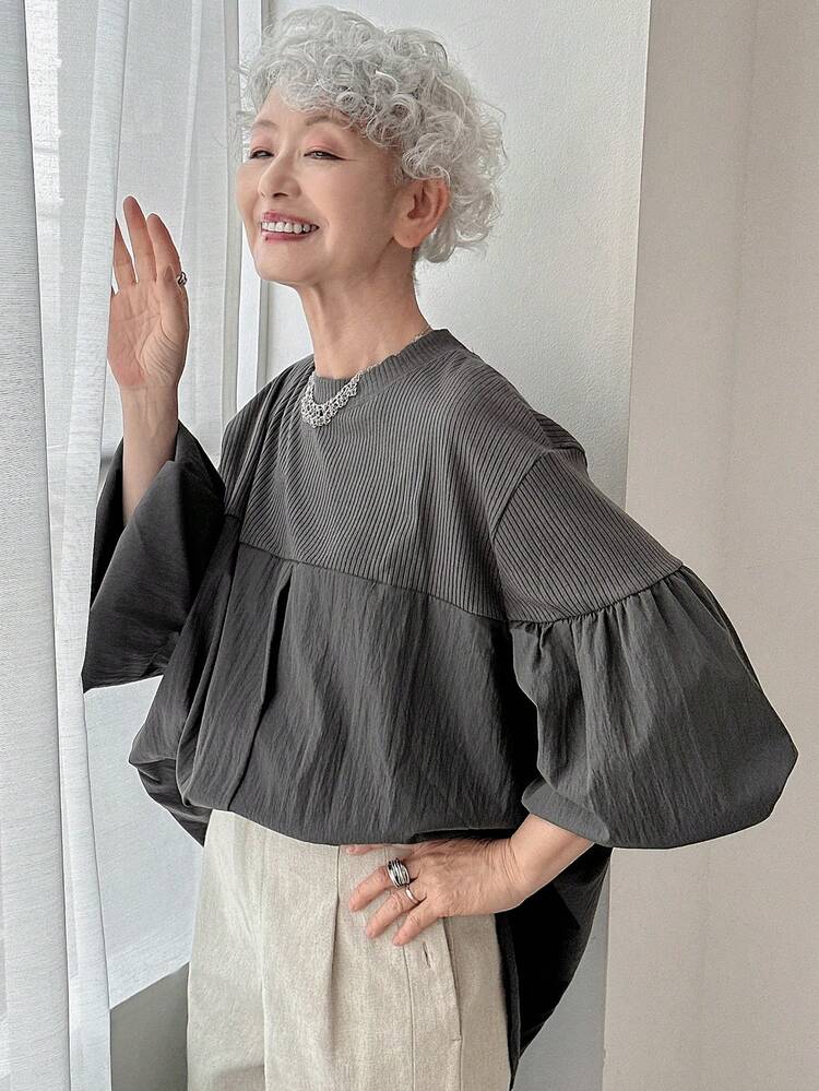 女式宽松拼接下装撞色 T 恤，秋季女装长袖上衣 - 深灰色 - 查看 8