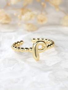 Tsnamer 1 pièce Bague vintage avec initiale en forme de cœur de A à Z, bague empilable minimaliste avec lettre gravée, cadeau pour elle, bijoux, cadeau pour femmes au quotidien - Bague à perles - Voir 24