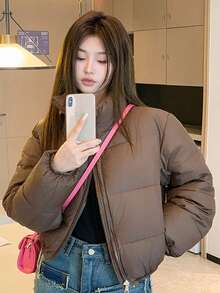 Abrigo corto de algodón con cremallera de metal y cuello alto para mujer, abrigo corto de algodón cálido, adecuado para el invierno. - Café integral - Ver 1