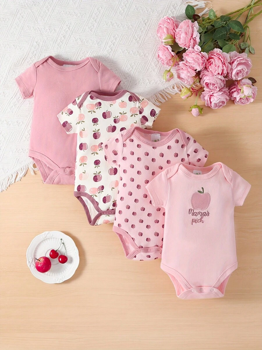 4pcs/Set Infant Short Sleeve Bodysuit 0-1 Year Old Baby Girl Cute  Set - Màu Hồng baby - Xem 1