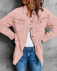 Vetinee Women's Oversized Button Up Frayed Hem Shacket Long Sleeve Pockets Denim Jean Jacket - 藕粉色 - 查看 3