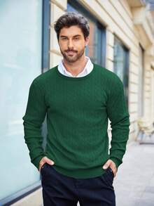 Men's Minimalist Solid Color Cable Knit Long Sleeve Sweater - Dark Green - View 3
