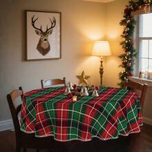 1/36 件圣诞红绿格子图案装饰数码印花桌布 - 矩形和圆形涤纶可洗桌布，适用于室内餐厅装饰、家庭聚会、礼物、节日派对、客厅、厨房、酒店宴会 - 格紋-紅綠 - 查看 8