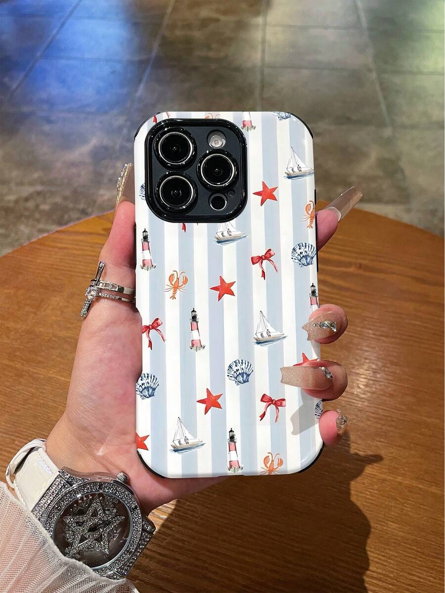 1pc Fashionable Minimalist Striped Sailboat Pattern Shock-Proof, Anti-Slip, Soft TPU + PC Hybrid Material Phone Case, Compatible With Apple 11/12/13/14/15/16/16 Plus/16 Pro/16 Pro Max - Multicolor - View 1