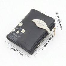 1个黑色树叶印花短款钱包，拉链口袋学院风零钱包，多卡位女士卡包，日常携带收纳包 - 黑與白 - 查看 3