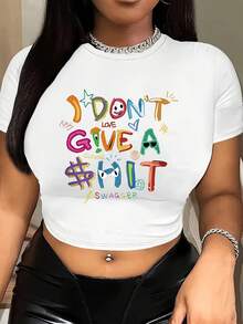 Y2K Style Women's Summer Top - Cropped T-Shirt. Short White T-Shirt With Colorful Letter Graphics. Daily Casual Wear, Campus Apparel, Women's Vacation Outfits - 白色 - 查看 1