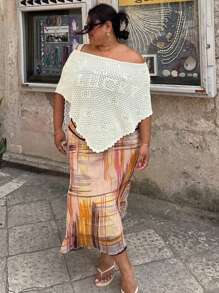 ملابس علوية كاجوال صيفية كبيرة الحجم للنساء ذات لون أحادي وطبعة حرف محظوظ بأكمام خفافة، ملابس علوية محبوكة شبكية مفرغة مناسبة للعطلات والشاطئ مع حافة غير متماثلة