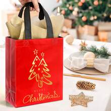 6/12pcs Christmas Gift Bags, Red Medium Reusable Christmas Tote Bags With Handles, Gold Foil Small Gift Bags, Non-Woven Fabric Gift Bags, Bulk Supply, Suitable For Christmas Holiday Party Favors, Size Approx. 4x8x10 Inches - 紅色 - 查看 7