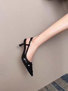 Xin Jing Shoes Women's Casual Sexy Fashion Backless Mid-Heel Pumps - Black - View 6