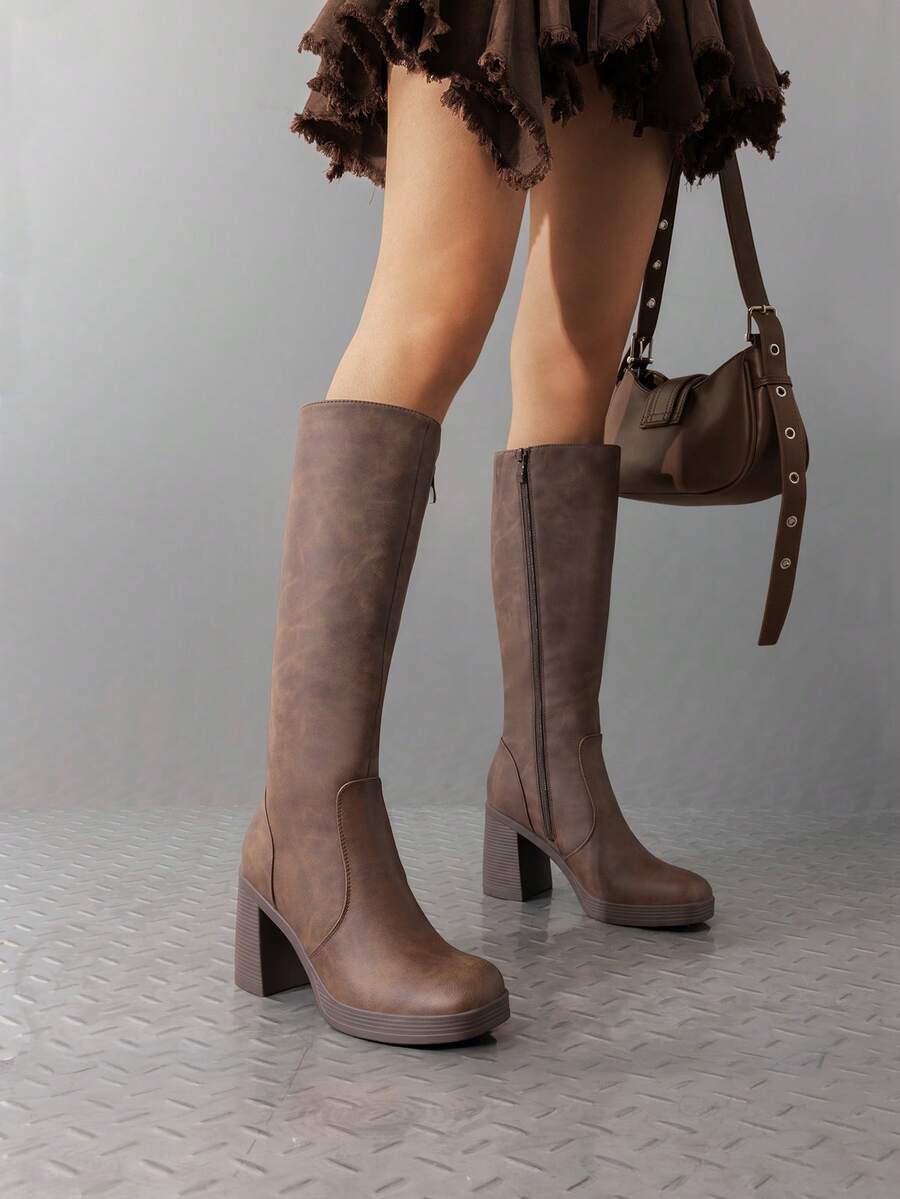 Women's Chunky Block Heeled Knee High Boots Platform Square Toe  Fashionable Solid Color Gogo Boots With Side Zipper - màu nâu - Xem 1