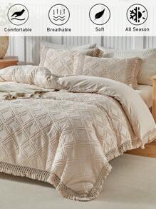 Juego de funda nórdica con estampado argyle caqui acolchado y texturizado con flecos, juego de ropa de cama bohemio shabby chic para todas las estaciones, suave y transpirable (1 funda nórdica + 1/2 fundas de almohada)