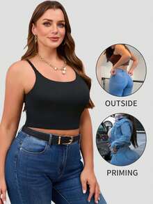 1pc Plus Size Camisole Tank Top, 2-In-1 With Built-In Cup Pad, Backless Sexy Layering Top, Versatile Sleeveless Blouse For Women, Suitable For All Seasons Sports - Black - View 3