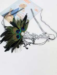 Premium Halloween Bestselling Rhinestone Decorated Artificial Feather One-Eye Half Face Mask With Chain, Masquerade Party Costume Prop