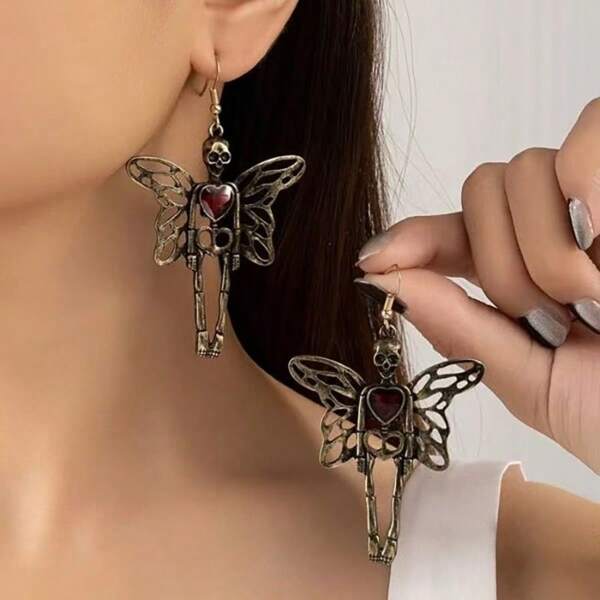 A Pair Of Gothic Retro Dark Exaggerated Heart Skeleton Human Skeleton With Angel Wings, Unique Halloween Lady Earrings