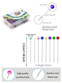 100 piezas/Caja Alfileres decorativos de plástico con perlas falsas de colores para hacer ropa, San Valentín, boda de San Valentín, manualidades de cumpleaños, suministros de costura, accesorios de costura, manualidades DIY, diseño de moda y acolchado - Colores surtidos, accesorios de costura, alfileres de acolchado, suministros de manualidades, agujas multiusos, caja de almacenamiento duradera - Multicolor - Ver 8