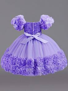 Girls' Floral Party Dress | 3D Embroidered Flowers On Sleeves & Hem With Sparkle Bodice | Special Occasion Gown For Birthday & School Events (2-7 Years) - 紫色 - 查看 3