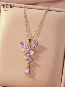Hihho 1pc Fashionable Luxurious Purple Cubic Zirconia Butterfly Design Pendant Necklace For Women, Decoration Gift