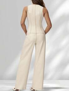 HOMEYEE 2 piezas Conjunto de traje de negocios casual para mujer: Chaleco de cuello redondo y pantalones, adecuado para trabajo, viaje y primavera diaria - Albaricoque - Ver 2