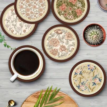 1 Set Of 6 Pieces Floral Coaster Set, Vintage Oil Painting Style Floral And Vine Patterned Coasters, Sparkling Room Decoration, Perfect For Family Dinner, Party, Tea, Coffee And Juice Drinks, Holiday Gift, Coaster Set, Home Decor, Table Decoration,Choice Of 1, 2 Or 31 Sets