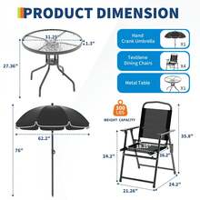 Juego de comedor de exterior de 6 piezas con sombrilla, mesa de patio y 4 sillas plegables con sombrilla, juego de muebles de jardín con sombrillas, mesa de comedor con tablero de vidrio templado. - Negro - Ver 2