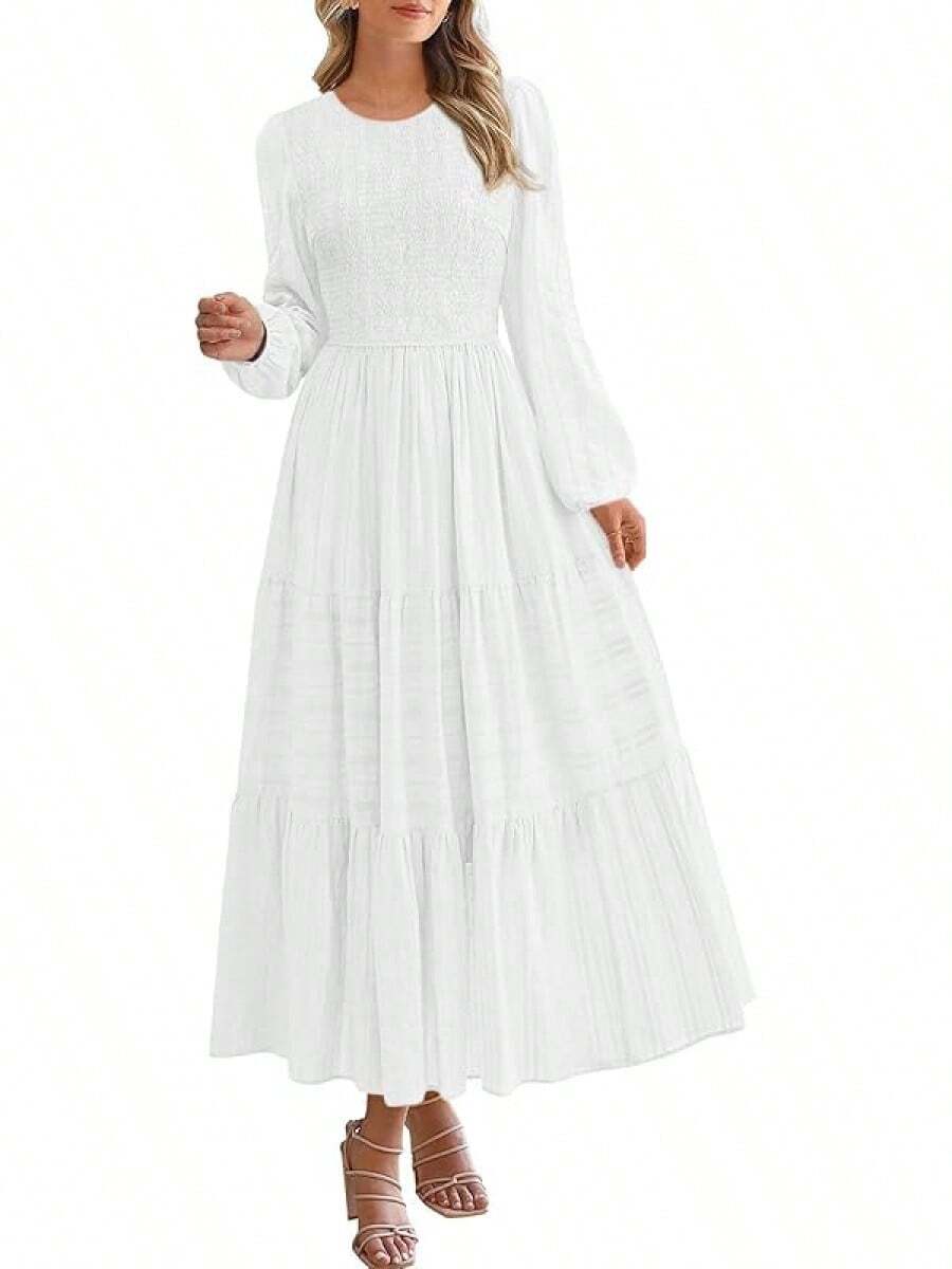 Vestidos Elegantes De Mujer Womens Long Sleeve Fall Dresses Casual Crew Neck Smocked High Waist Tiered Flowy Maxi Dress With Pockets - 白色 - 查看 1