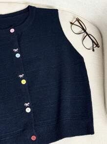 Wixra Autumn/Winter New Bow Embroidery Knitted Vest For Women, Sweet Colorful Button Sleeveless Sweater, Versatile Layering Piece