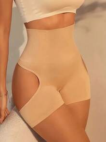 1pc Seamless Hollow Lift Hip High Waist Shapewear Shorts, Elegant Stretchy Knitted Fabric Machine Washable Ladies Shorts - 杏色 - 查看 5