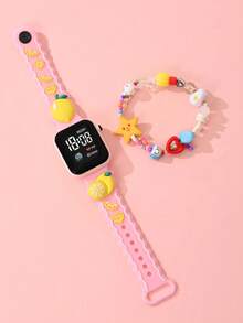 2 Pieces Girl's Watch With Square LED Heart-Shaped Digital Display, Children's Watch With Lemon Fruit Pattern Wristband And Clock, Affordable School Season Watch Suitable For Students, Fashionable School Supplies Electronic Watch & Cute Sweet Rainbow Stars Dopamine Accessory, Elastic Beaded Children's Bracelet And Wristband Suitable For Daily Life, School, Parties, Travel, As A Birthday Gift For Friends. It Is The Perfect Gift For Girls. - Multicolor - View 2