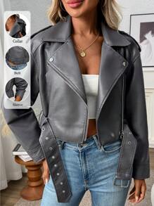 Women Plain Simple Zip-Up Short Jacket For Daily Wear