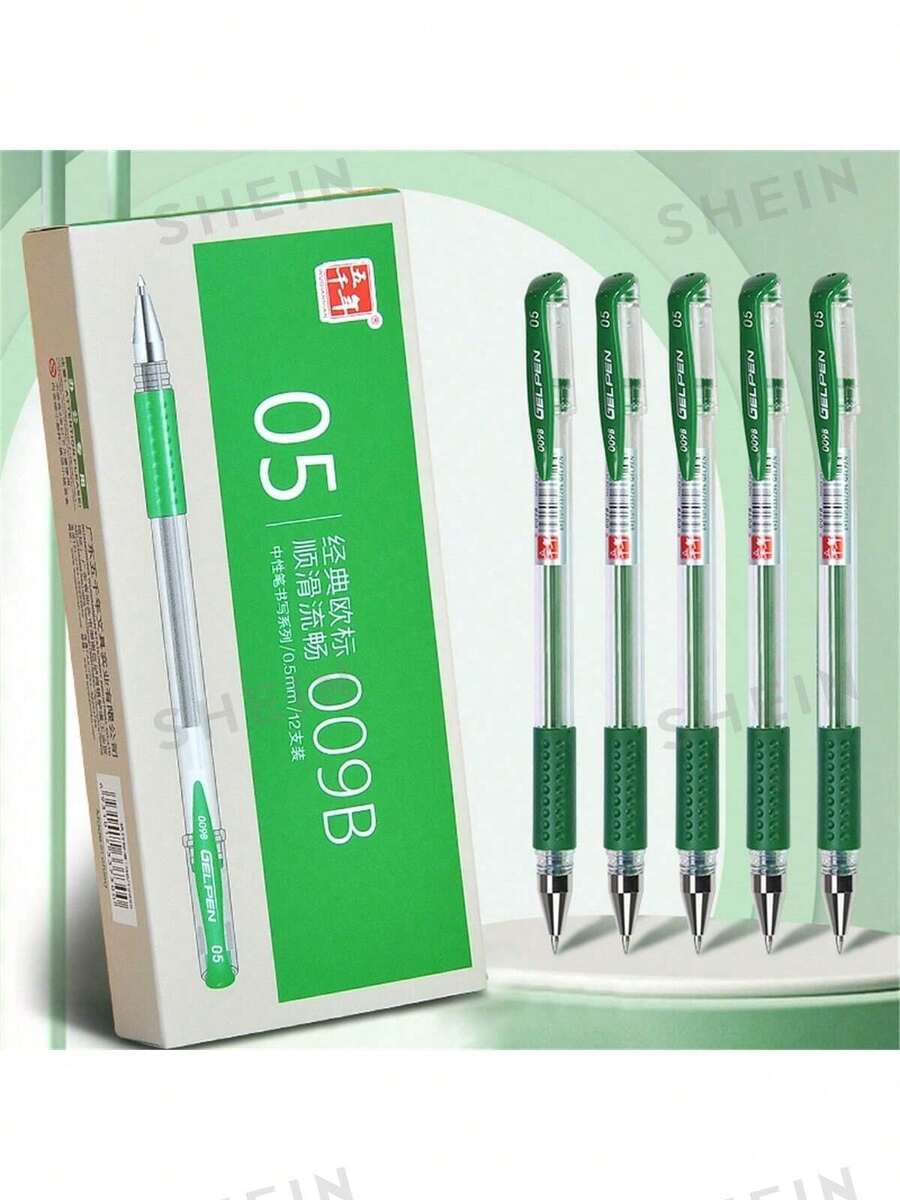 12 Pens A Box Of Green Gel Pen -0.5mm Tip, Smooth Writing, Green Ink, Durable Ink - Perfect Office Supplies/School Supplies - Green - View 1