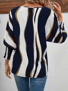 女士秋季上衣波浪条纹蝙蝠袖海军蓝圆领七分袖衬衫 - 藏蓝色 - 查看 6