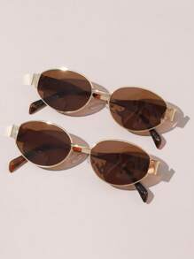 2副金属框椭圆形时尚眼镜，适合女孩日常佩戴和海滩搭配（镜腿颜色和款式随机）