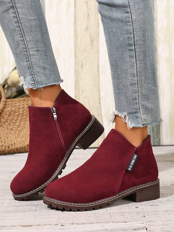 Botas cortas vintage, botas de tacón bajo de ante, zapatos de tacón grueso y punta cuadrada para mujeres
