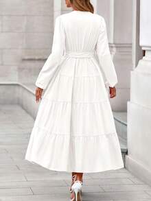 Women's  Fall Boho Maxi Dresses Long Sleeve V Neck Belted Ruffle A Line Long Flowy Dress With Pockets Fall Dresses For Women - 白色 - 查看 2