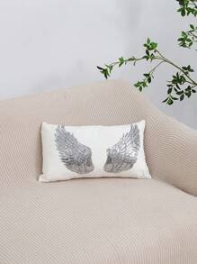 1pc/2pcs White Velvet Silver Wings Pattern Pillow Cover, Bohemian Sequin Embroidery Feather Decor Lumbar Cushion Cover For Bedroom, Living Room, Sofa, Car, Holiday Party, Garden, 30*50cm, 45*45cm, Pillow Insert Not Included