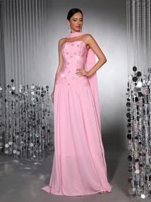 Bộ váy dài thướt tha hở lưng, đính đá lấp lánh thủ công, cổ yếm, dây ruy băng, tôn dáng dành cho nữ, thích hợp cho các buổi tiệc tối trang trọng, đám cưới và lễ hội. - Hồng - Xem 6