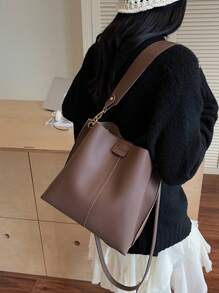 新款时尚小众时尚休闲百搭水桶包，复古经典高品质宽肩带女士单肩包，斜挎包适合工作、约会、购物、日常使用 - 咖啡 - 查看 5