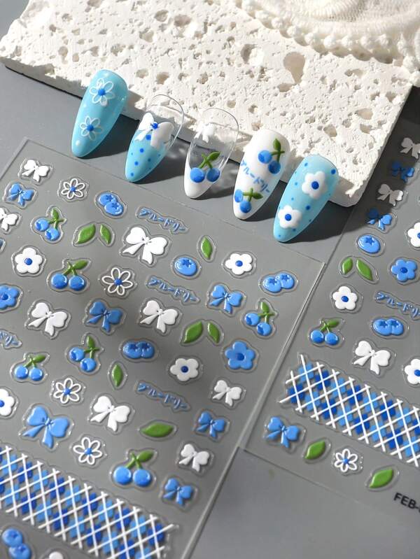 1pc Summer Island Beach Vacation Style Egg Flower Nail Stickers 5D Relief Mint Flower Nail Stickers Suitable For Women DIY Nail Art Charm Design