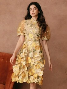 Savoree New Spring/Summer Women Urban Elegant Mesh Embroidered Jacquard Midi Dress, Suitable For Valentine's Day, Date Night, Vacation Outfits