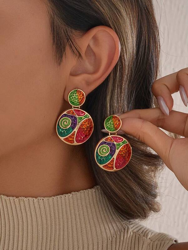 1 Pair Colorful Enamel Earrings, Round Pendant Design With Artistic Floral Pattern, Retro Bohemian Style Metal Frame, Unique Fashion Accessory, Exaggerated Item, Suitable As A Gift For Him