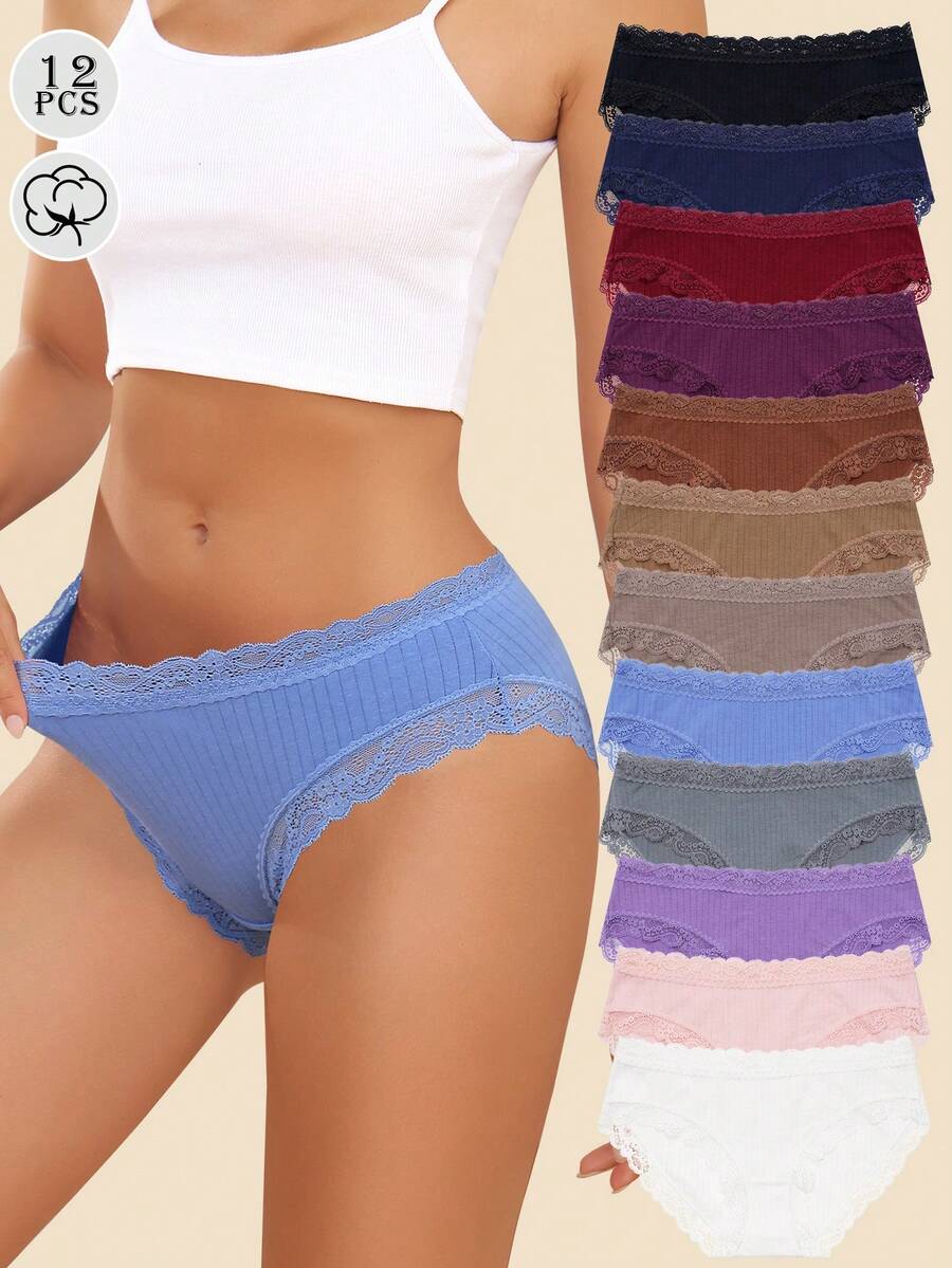 12 Pack Cotton Underwear For Women Lace Cheeky Bikini Panties Full Coverage Soft Stretch Hipster Ladies Briefs S-XL - 彩色 - 查看 1