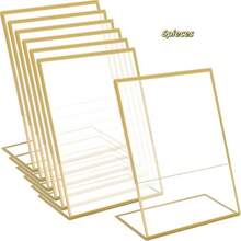 6pcs L-Shaped Acrylic Sign Holders, 5 X 7" (13X18cm), Gold Color Desktop Stands, Slanted Paper Holders, Transparent Display Racks For Menus, Flyers, Frames, Suitable For Weddings, Parties, Photo Displays