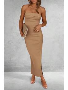 Women's Summer Bodycon Maxi Tube Dress Ribbed Strapless Side Slit Long Going Out Casual Elegant Party DressesHalloween Christmas New Year - 駝色 - 查看 7