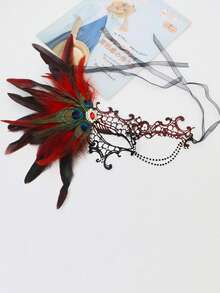 Premium Halloween Bestselling Rhinestone Decorated Artificial Feather One-Eye Half Face Mask With Chain, Masquerade Party Costume Prop