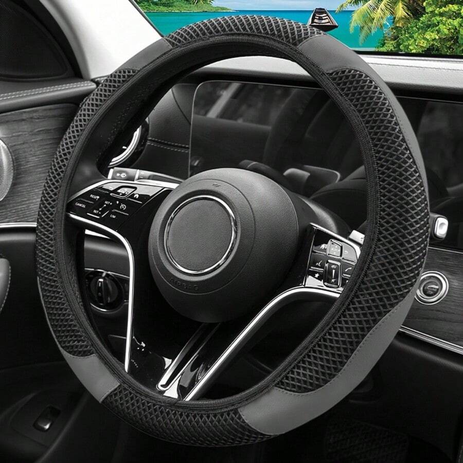 Universal Ice Silk Grid Steering Wheel Cover - No Inner Ring PU Leather, Anti-Slip, Breathable & Durable For Cars/Trucks - Xám - Xem 1