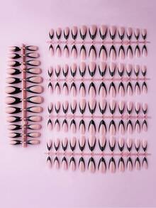 240 miếng/10 bộ sơn móng tay dạng gel - Móng giả hình hạnh nhân cỡ trung bình, móng dán bóng đã được phủ sẵn lớp sơn bóng và sơn màu, thiết kế kiểu Pháp thanh lịch, thích hợp cho việc tự làm móng mùa hè. Phụ kiện làm móng nghệ thuật kiểu Pháp màu đen. - Nhiều màu - Xem 3